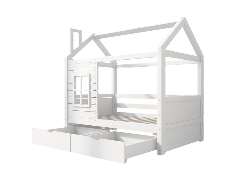 Lit cabane enfant 80x160 en pin massif blanc, lit avec barrière de sécurité, tiroirs de rangement et sommier inclus  - Conforama R