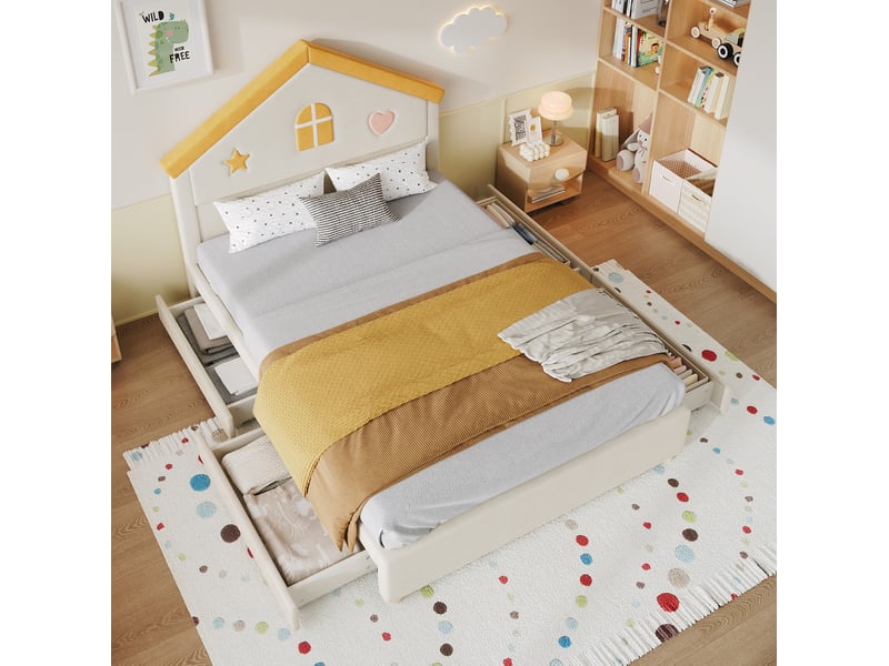 Lit enfant capitonné 140 x 200 cm beige avec tête de lit maison et 4 tiroirs - Conforama C