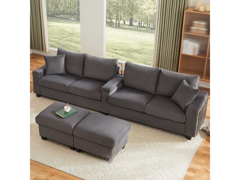  Canapé modulable canapé d'angle 4 places en velours côtelé avec 2 poufs de rangement lampe de lecture ports usb - gris  - Conforama D