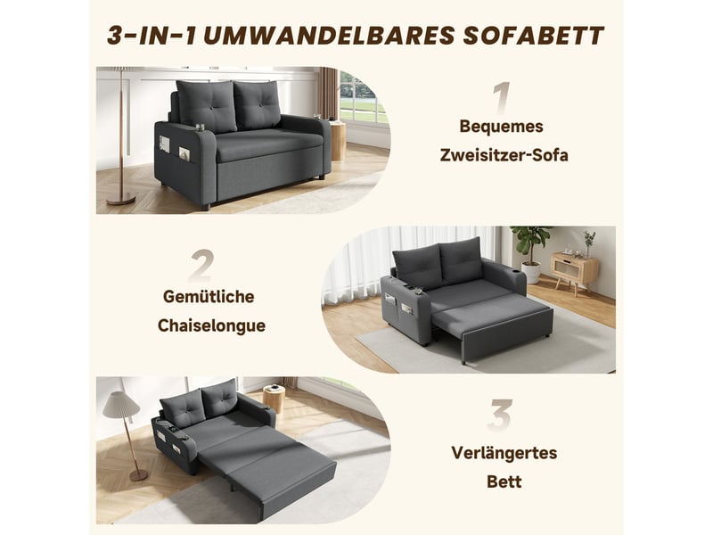 Canapé convertible, canapé-lit, gris, poches latérales, porte-gobelets, 3 en 1, usb, pour salon et séjour, design moderne - Conforama W