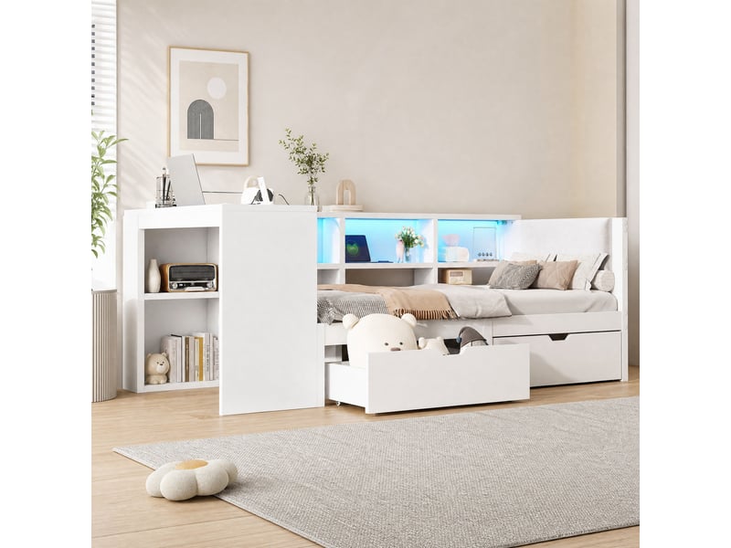 Lit plateforme 90x200 cm avec rangements, tiroirs, led et station de charge blanc - Conforama C
