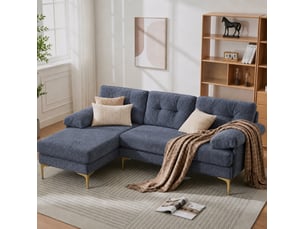 Canapé d'angle fixe 3 places en tissu bleu, méridienne réversible gauchedroite et accoudoirs rembourrés