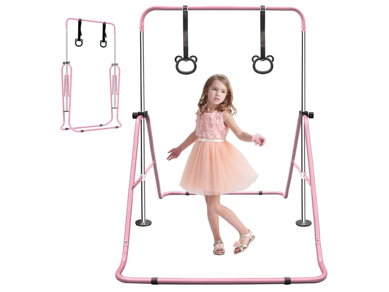  Barre de gymnastique enfant pliable 145 x 100 x 130 cm rose en fer, réglable sur 5 hauteurs avec anneaux  - Conforama A