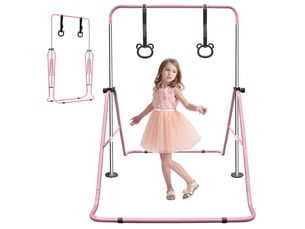 Barre de gymnastique enfant pliable 145 x 100 x 130 cm rose en fer, réglable sur 5 hauteurs avec anneaux