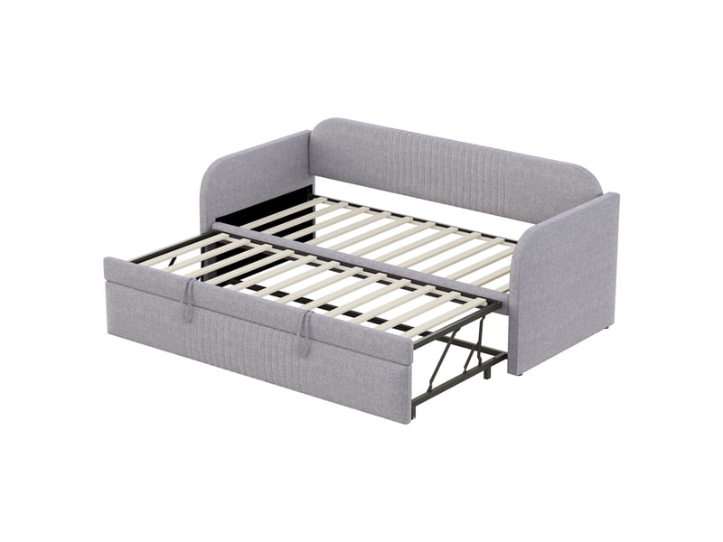  Lit banquette extensible 90/180×190 cm avec sommier à lattes, tissu lin, gris clair  - Conforama E