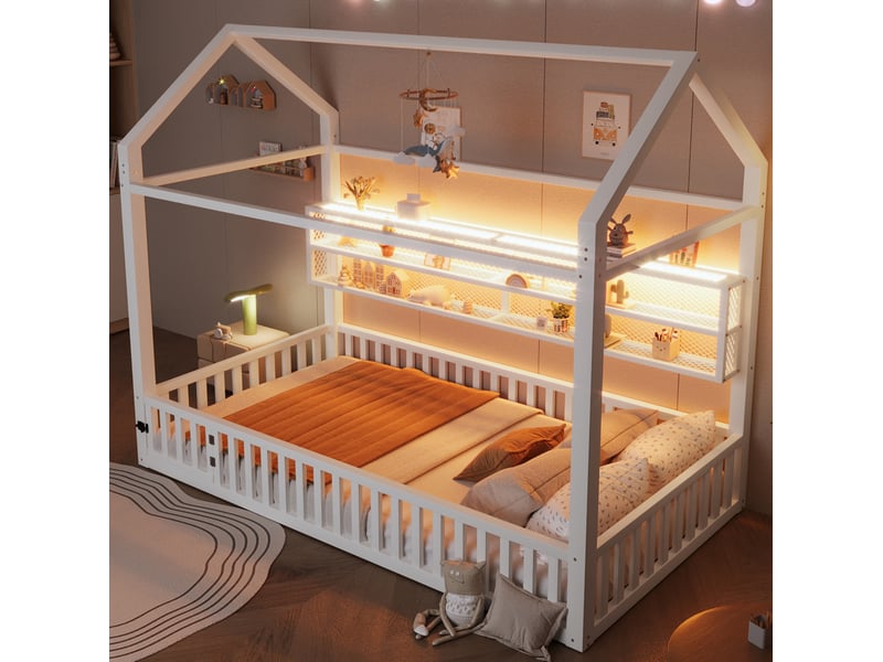  Lit cabane enfant 90x200cm avec barrière et lumières led, métal, blanc  - Conforama D