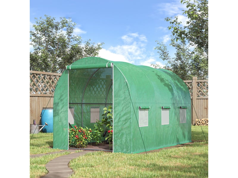 Serre de jardin tunnel surface sol 6 m² 3l x 2l x 2h m acier porte zippée 6 fenêtres enroulables vert - Conforama D