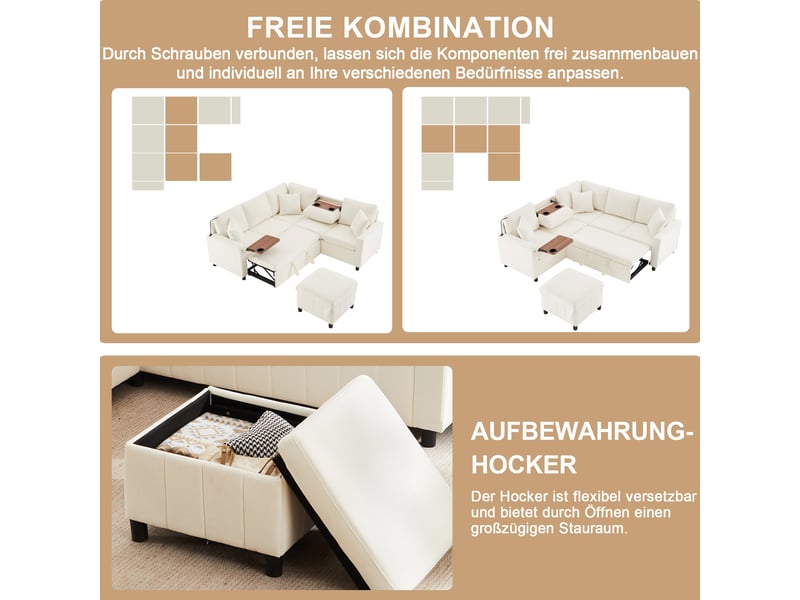  Canapé d’angle beige 205×205×85 cm en chenille, convertible, pouf coffre, liseuse, usb et type-c, tablettes intégrées  - Conforama D