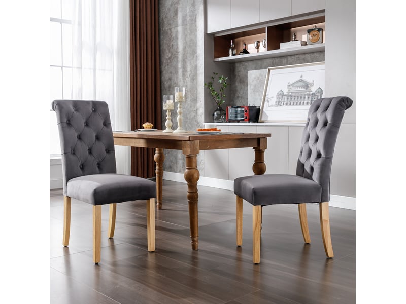  Ensemble de 6 chaises de salle à manger gris en velours, design à boutons, pieds en chêne  - Conforama E
