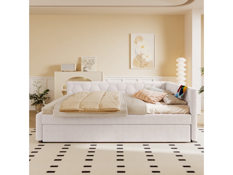  Lit banquette 140x200 canapé lit velours blanc avec lit gigogne, ports usbtype-c et lampe de chevet  - Conforama B