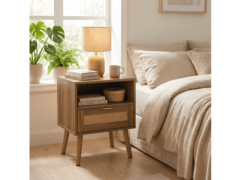  Table de chevet 45x40x55 cm finition noyer avec 1 tiroir et niche en rotin  - Conforama D