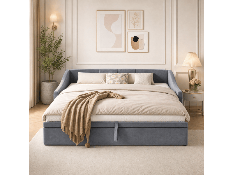 Canapé-lit 90/180 x 200 cm, lit de jour convertible pour 2 adultes, lit rembourré avec lit d'appoint coulissant et sommier à lattes, convertible en lit d'appoint, velours, gris, sans matelas - Conforama C