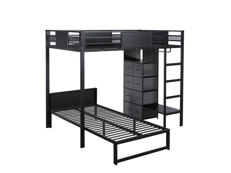  Lit superposé décalé 120 x 200 cm en haut et 90 x 200 cm en bas avec penderie, étagères, tiroirs en tissu et structure en métal noir sans matelas  - Conforama W