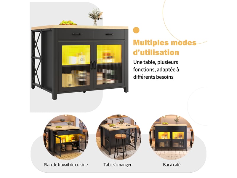  Desserte de cuisine avec 2 tiroirs, porte vitrée et étagère pour cuisine et salle à manger, en mdf, 100×80×90 cm, noir  - Conforama E