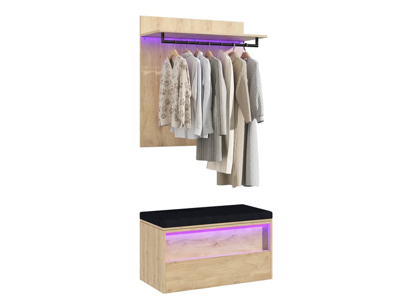  Set d'entrée avec porte-manteau mural et banc à chaussures 90x47x145 cm, led, mdf, bois clair, meuble d'entrée pratique  - Conforama A