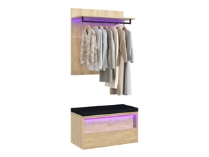 Set d'entrée avec porte-manteau mural et banc à chaussures 90x47x145 cm, led, mdf, bois clair, meuble d'entrée pratique