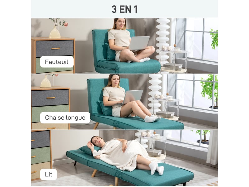  Fauteuil convertible style nordique - fauteuil lit chaise longue 3 en 1 - dossier inclinable - bois tissu turquoise  - Conforama E