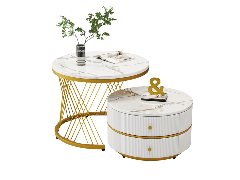  Tables basses gigognes 2 pièces avec 2 tiroirs pour salon en mdf 60×60×46 cm et 50×50×30,8 cm blanc  - Conforama A