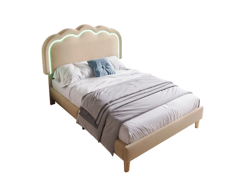  Lit simple 90x190 capitonné beige avec éclairage led et tête de lit réglable - revêtement lin  - Conforama A