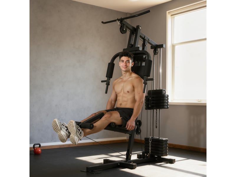  Station de musculation multifonction avec stack de 65 kg, double poulie, noir  - Conforama D