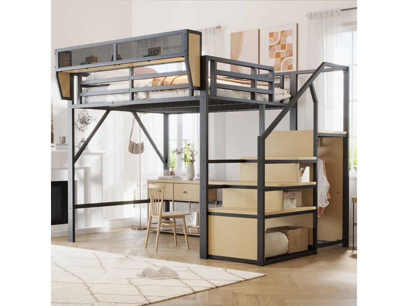  Lit mezzanine 140 x 200 cm avec échelle sécurisée et rangement modulable, couchage adulte ou enfant, structure en métal noir evarich - Conforama B