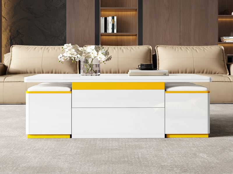 Table basse relevable et extensible avec 4 poufs, table basse moderne brillante, 100x50x43cm  - Conforama C