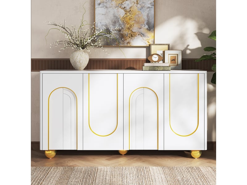  Buffet 4 portes avec rangement et fermeture amortie - lpospi - pieds métal ronds, mdf et panneaux de particules blanc 140 × 40 × 74 cm  - Conforama B