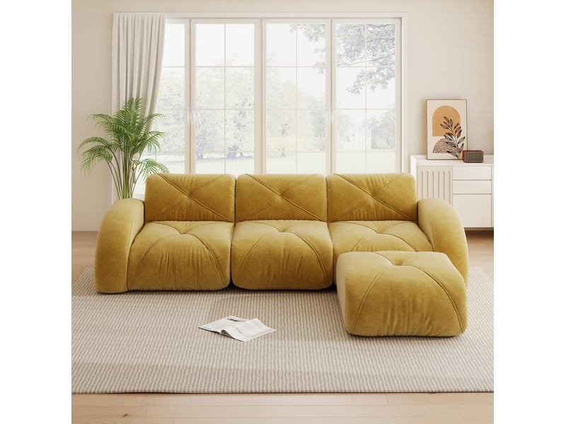  Canapé modulaire en l 281x171x76 cm 3 places, sans montage, assise basse, mousse 32d, avec pouf, revêtement en chenille, jaune  - Conforama E