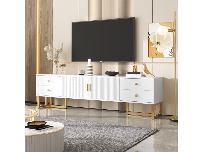  Meuble tv bas avec panneau avant, porte texturée, tiroirs et pieds dorés meuble tv avec rangement  - Conforama B