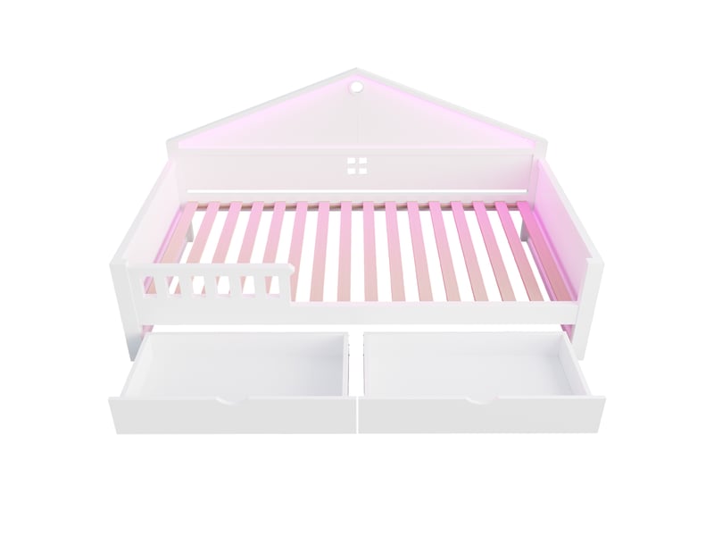 Lit enfant 90x200 cm blanc avec bandeau led contrôlable, 2 tiroirs et sommier à lattes inclus - Conforama E