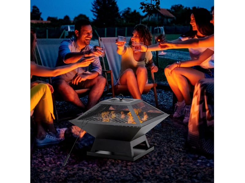  Brasero de jardin en acier avec grille 45 x 45 x 34 cm – noir – pare-étincelles et tisonnier inclus  - Conforama B