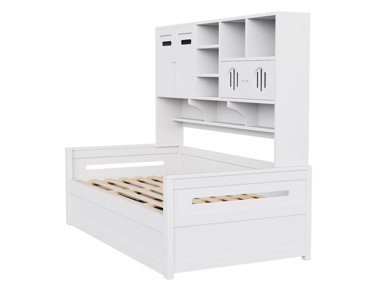Lit banquette hydraulique avec rangement multifonction, bois blanc, 90x200 cm, sommier intégré - Conforama E