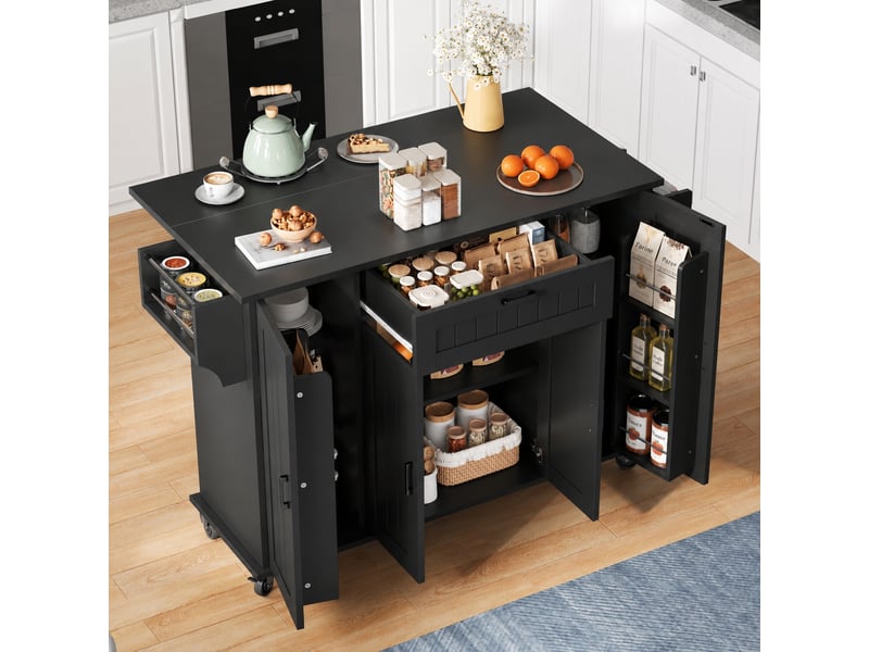 Îlot de cuisine à roulettes, plan de travail rabattable 120 x 45-70 x 95 cm, 4 portes, noir - Conforama B