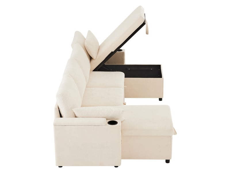  Canapé-lit u lora beige 4 places avec rangement, porte-gobelets, coussins et fonction couchage multifonctionnelle  - Conforama D