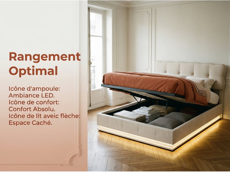  Lit coffre 160x200 cm - lit 2 places velours beige -avec led - sommier à lattes en bois  - Conforama D