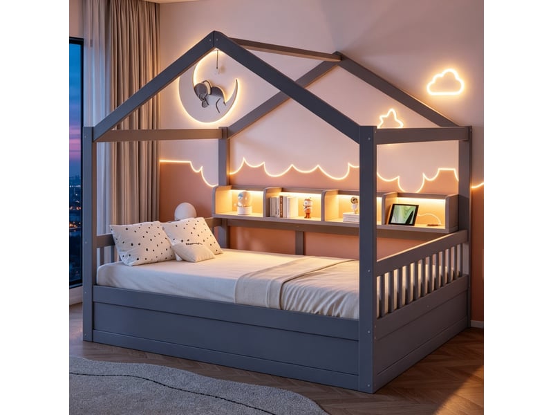  Lit enfant 140 × 200 cm – avec barrière de sécurité – avec espaces de rangement – ​​avec bande led et prise électrique – gris (matelas non inclus)  - Conforama D