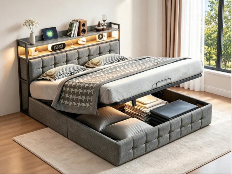  Lit coffre 160x200 cm ezssw, coloris gris  - Conforama B