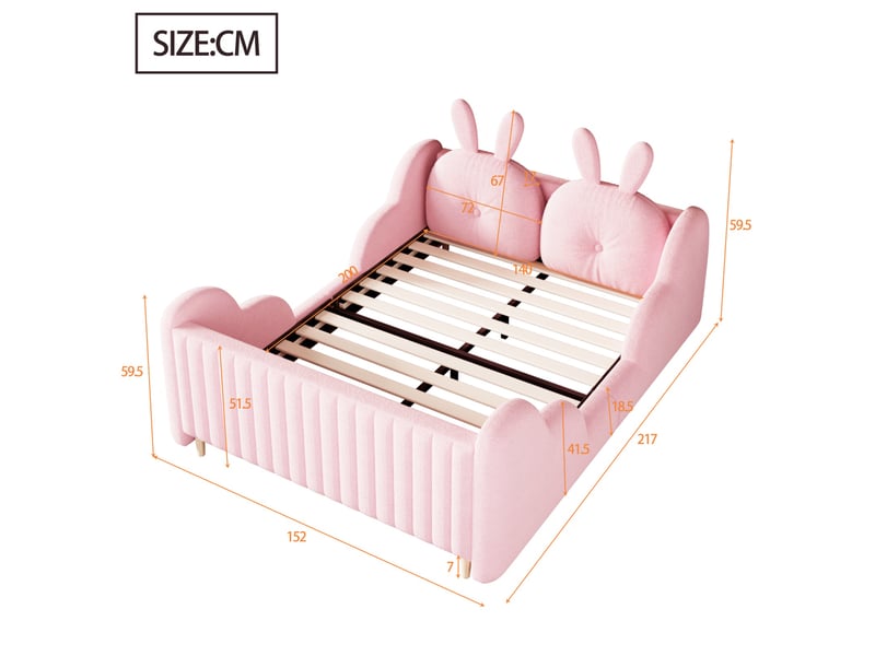  Lit enfant 140x200 cm – lit double 140x200 - avec oreiller en forme de lapin et barrières latérales en nuage - tissu velours  - rose  - Conforama C