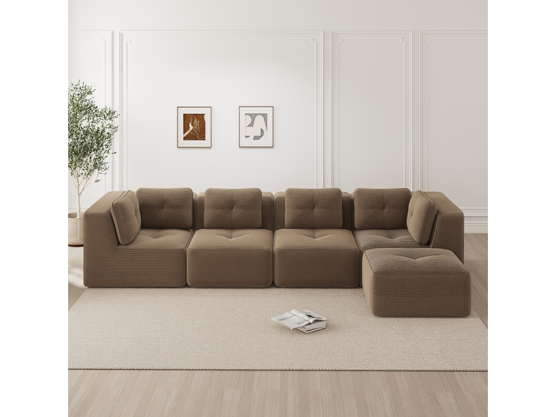  Canapé d'angle modulaire 4 places en velours côtelé marron, sans montage  - Conforama B
