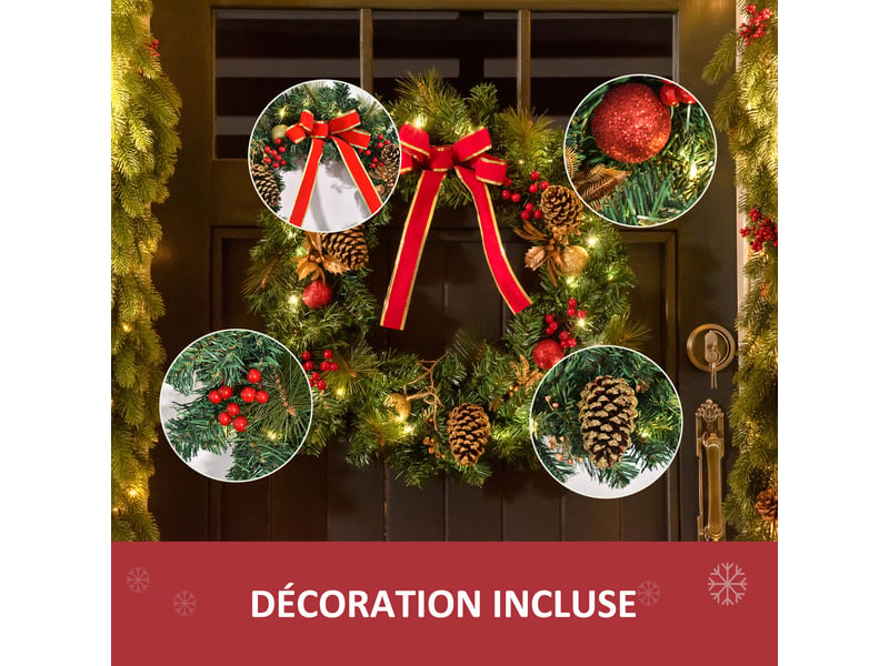  Couronne de noël artificielle lumineuse avec 20 led de 60 cm - décorée de houx et de pommes de pin  - Conforama R