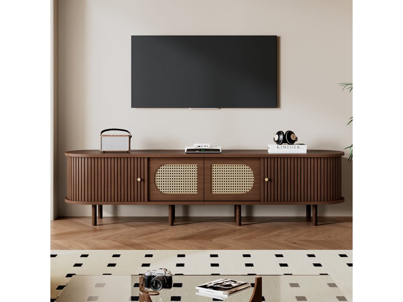 Meuble tv rétro ovale effet noyer foncé 2 portes coulissantes 2 portes battantes avec rotin 180x40x40 cm  - Conforama B
