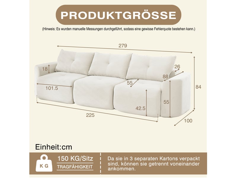  Canapé modulaire 3 places 279x100x84 cm – beige – configuration 2+1 en velours côtelé, style wabi-sabi  - Conforama C