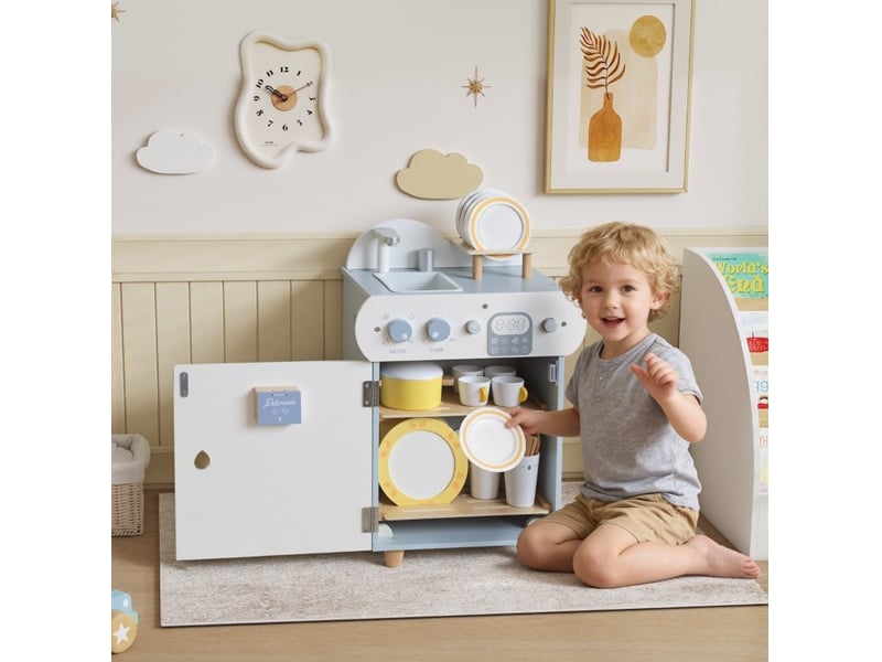 Lave-vaisselle jouet pour enfants 36x26x52 cm, 32 accessoires, mdf, bleu clair - Conforama B