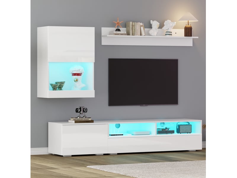  Ensemble meuble tv 3 pièces blanc avec led, pour téléviseur jusqu'à 80 pouces  - Conforama B