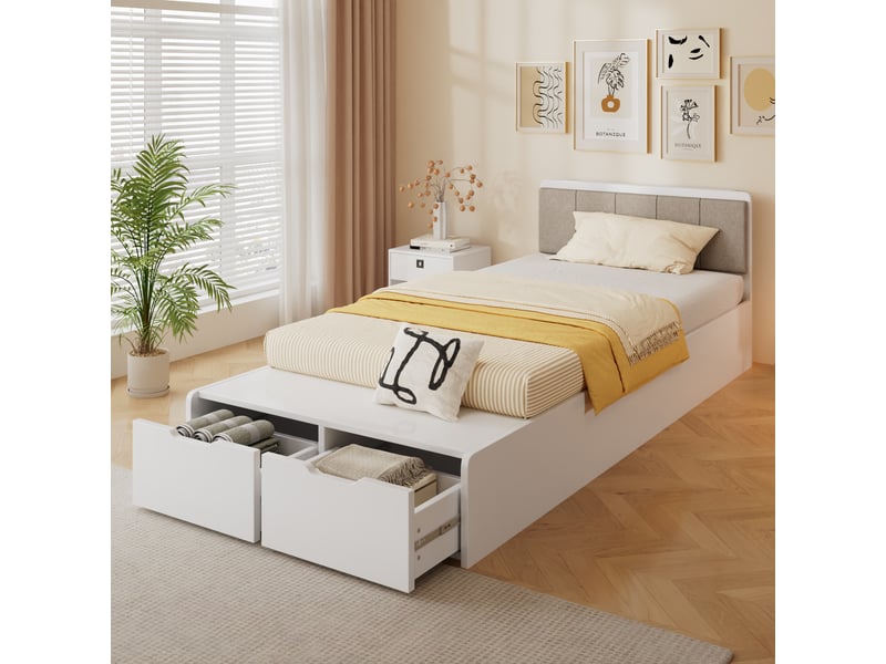 Lit enfant 90x200cm, banc de bout de lit avec 2 tiroirs, tête de lit rembourrée, sommier à lattes, panneaux de bois et tissu, blanc OMNIGLINT TRADING LTD - Conforama B