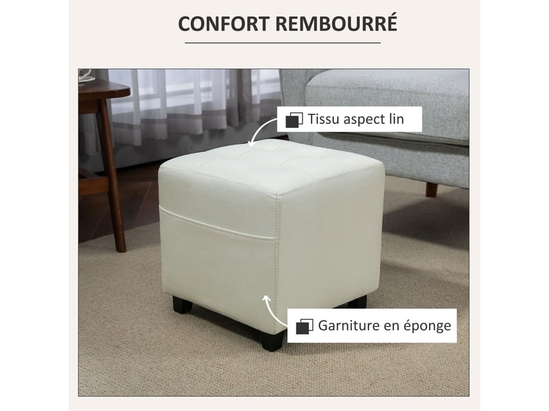  Repose pied salon, ottoman, siège rembourré capitonné en tissu aspect lin avec poche latérale, crème, 35 x 35 x 35 cm  - Conforama R