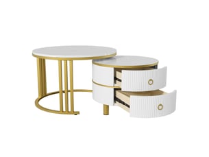 Table basse, 70x70x46 cm, effet marbre, 2-en-1, 2 tiroirs, style luxueux, design moderne et fonctionnel pour salon