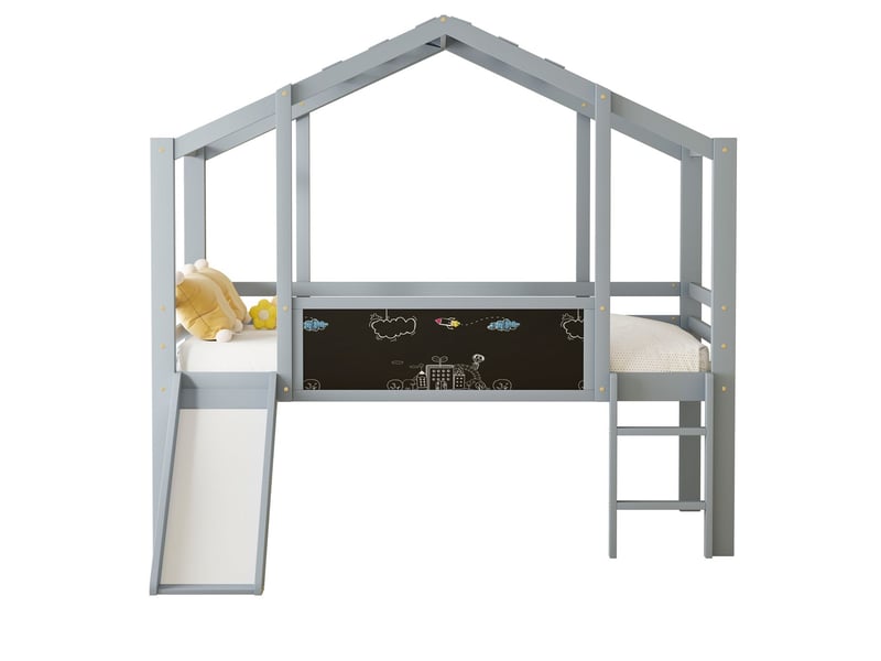  Lit mezzanine enfant 90x200, sécurité renforcée lit mezzanine avec escalier, design cabane ludique, toboggan intégré, tableau intégré  - Conforama A
