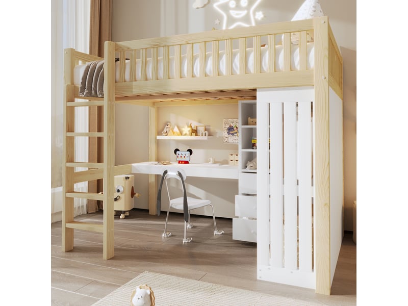  Lit mezzanine 140x200 cm avec bureau et rangement, armoire et tiroirs, blanc et naturel  - Conforama B