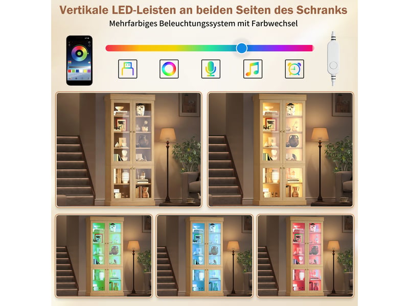  Armoire haute vitrine-buffet haut led éclairage d‘ambiance-étagères réglables bois anti-basculement double-80x40x180-noyer naturel  - Conforama D